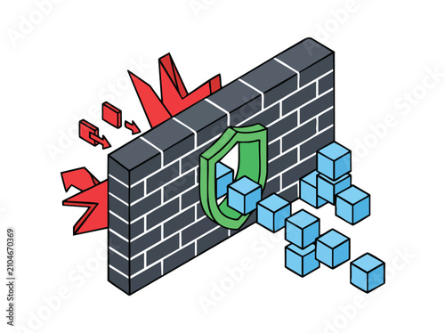 Isometric Firewall and Cyber Security Data Protection Illustration