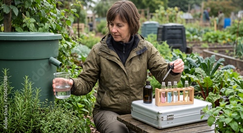 Rainwater Harvest Sampling Beside Garden Barrel And Color Vials