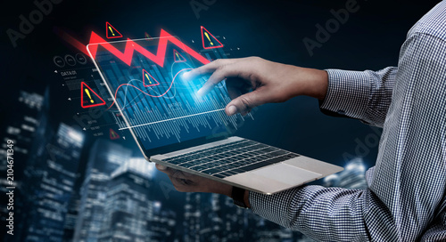 Quadro su tela Economic caution visualized with fluctuating market graph, alert symbols, and negative data trends