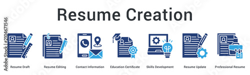 Resume creation banner web icon drafts and edits contact information with education and skills for professional resume.