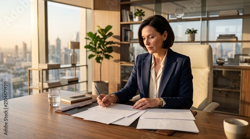 Female executive analyzing printed charts on a modern desk in a stylish office setting, with 