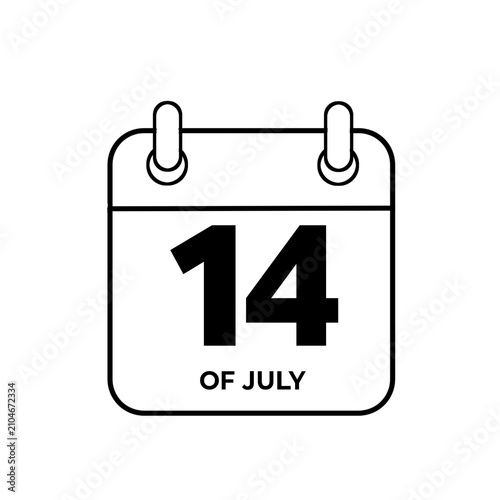 July 14th daily calendar icon. White date planner symbol isolated on transparent background. Flat vector illustration for summer event reminder, schedule agenda, and appointment design.