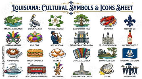 Louisiana Cultural Symbols and Icons Sheet featuring an alligator, fleur-de-lis, and Mardi Gras mask