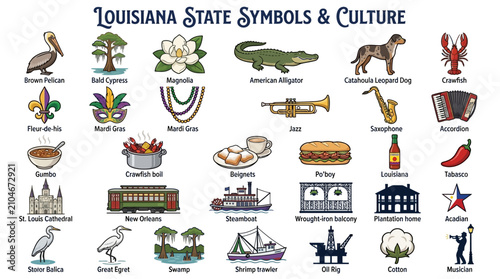 Comprehensive Collection of Illustrative Louisiana State Symbols and Cultural Icons Representing Regional Heritage and Local Traditions