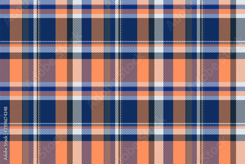 Traditional tartan plaid design with a classic woven appearance and blue and orange tones. The seamless pattern recreates the look of woven fabric and works well as a decorative surface background.