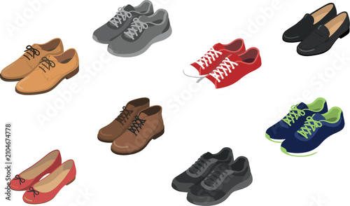 Fotografie Isometric Men and Women Shoes Vector Set Featuring Sneakers, Boots, Loafers, and