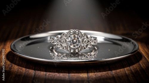 Ornate Diamond Engagement Ring on Silver Display
