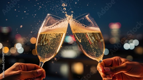 Two glasses of champagne clinking in celebration with city lights bokeh