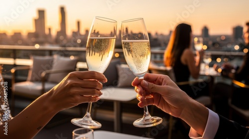 Two people toasting with champagne glasses at sunset city view