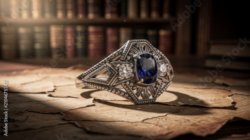 Vintage Ornate Ring with Sapphire and Diamonds on Aged Surface