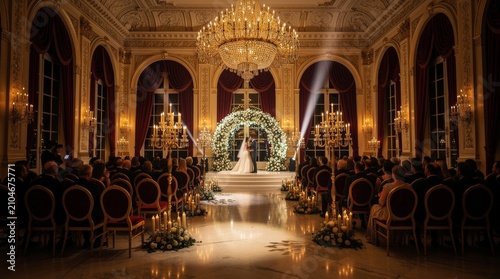 Elegant Wedding Ceremony with Couple Under Floral Arch Indoors