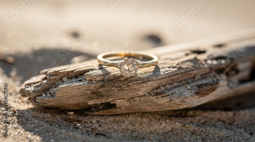 Golden Engagement Ring with Diamond on Driftwood at Beach
