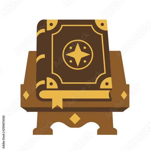фотографія Antique spell book on a wooden stand, ancient magic tome with golden symbols and