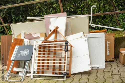 Quadro su tela bulky waste reduction, large pile discarded furniture and wooden panels, renovat