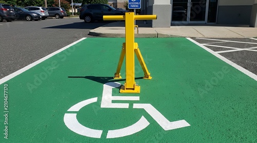 Yellow Metal Folding Parking Barrier Lock Installed on Green Painted Accessible Spaces with Ground Wheelchair Symbol parking barrier lock post bollard metal yellow safety security guard