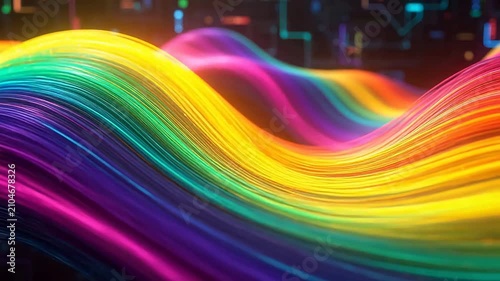 Abstract Rainbow Flowing Waves with Digital Data Technology Background