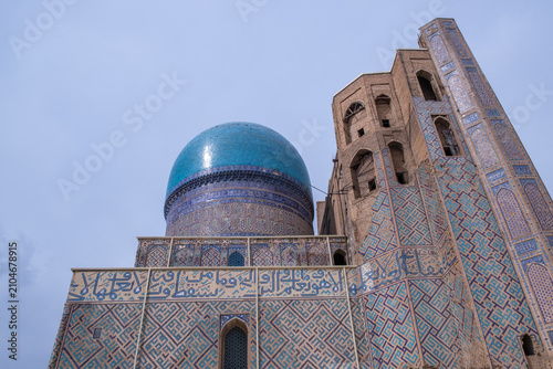 Turquoise Dome and Ornate Tilework of Historic Mosque in Samarkand