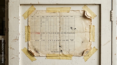 Dog-eared Clinical Reference Chart Taped Inside a Supply Cabinet Door – Data Security & Records Access Concept