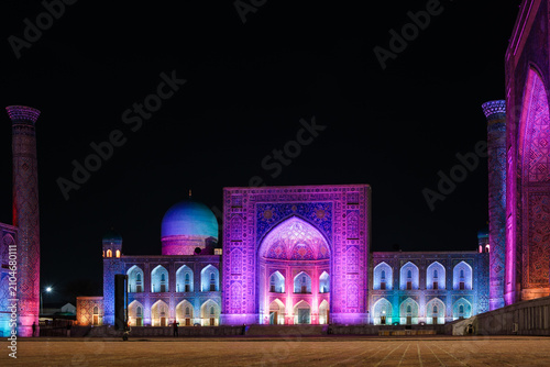 Registan Square Illuminated at Night in Samarkand Uzbekistan