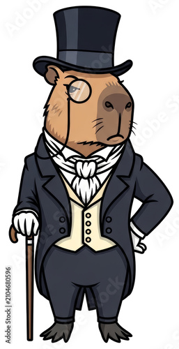 Capybara gentleman wearing a top hat and monocle on transparent background. Dapper animal character dressed in a formal Victorian tuxedo set with a cane. Cartoon illustration for design concepts.
