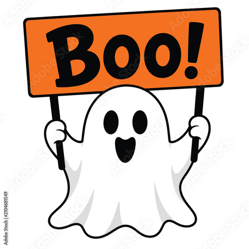 Quadro su tela Cute cartoon ghost holding an Boo! sign, happy expression, Halloween concept,