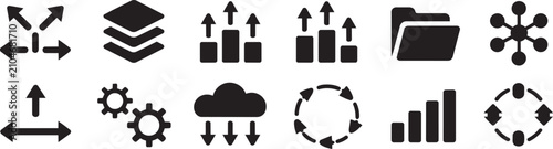 Quadro su tela Professional data management and cloud storage vector icon set featuring folder network server synchronization upload processing and organized hierarchical file structures for business admin
