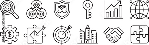 Corporate strategic planning vector icon collection showcasing gear analytics shield security key access market trend growth globe network finance puzzle target city team partnership.