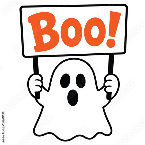 Fotografie Cute ghost holding a Boo! sign, cartoon character for Halloween, playful and s