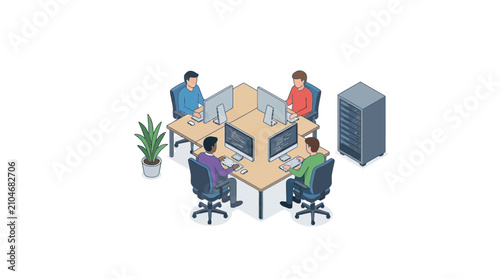 Isometric illustration of software developers working together in office