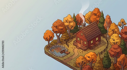 Cozy isometric log cabin in a vibrant autumn forest with pond