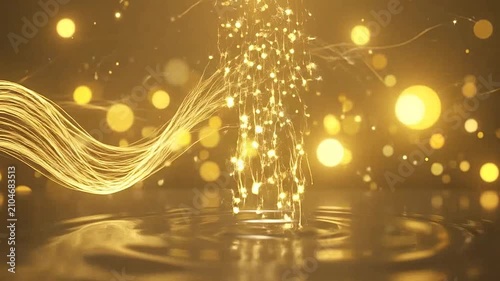 Abstract golden background with glowing particles and light waves