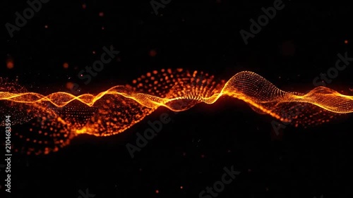 A glowing orange wave of digital particles flows across a dark background