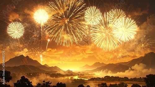 Bright golden fireworks illuminate the night sky above a scenic mountain valley landscape