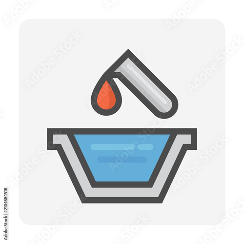 Water treatment chemical dosing vector icon. Laboratory test tube dispensing treatment chemical into processing tank for water purification, wastewater treatment and filtration processing.