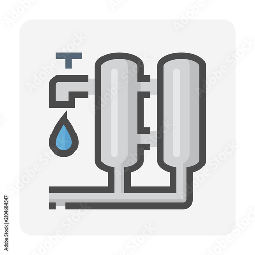Dual pressure vessel water filter vector icon, editable stroke. Twin filtration tanks connected by pipeline for water purification, drinking water treatment filtration and utility infrastructure. 