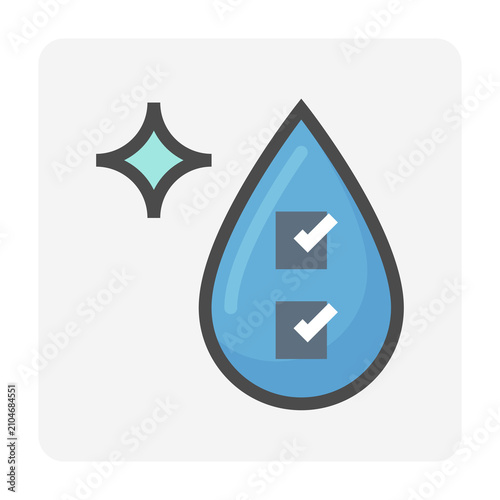 Clean water quality vector icon. Editable stroke. Water droplet with quality check marks representing purified water, safe drinking water, sanitation, filtration, quality control, water treatment.