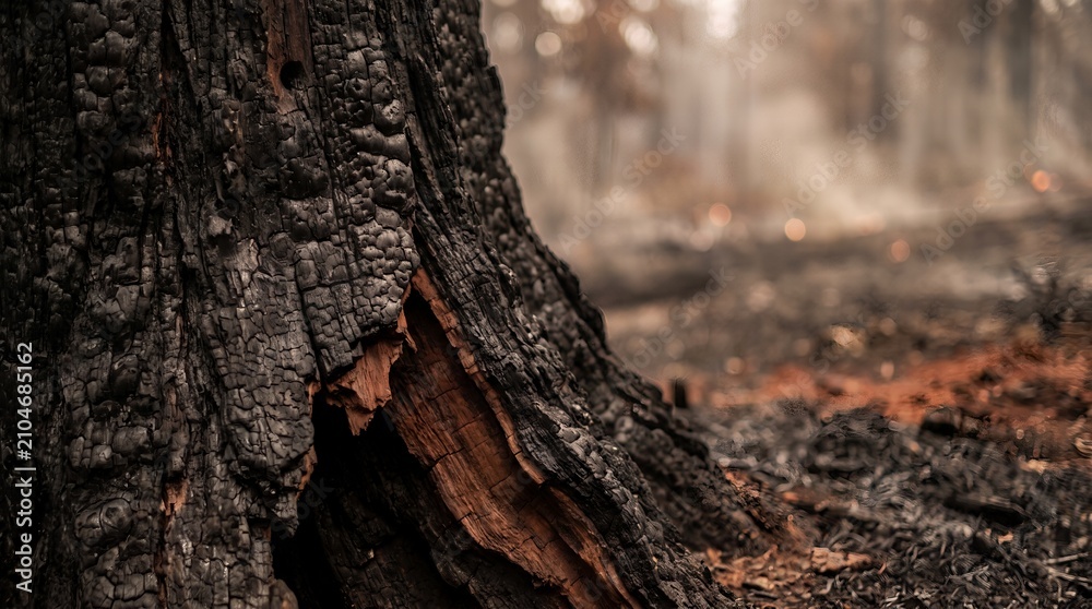 Fototapeta premium Extreme Close Up of Charred Tree Bark Detail with Blurred Wildfire Forest Background Environmental Disaster
