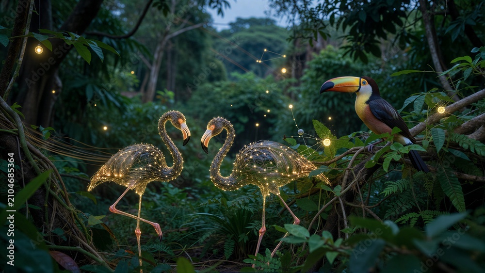 Fototapeta premium Glowing flamingos and a toucan in enchanted jungle with floating lights.