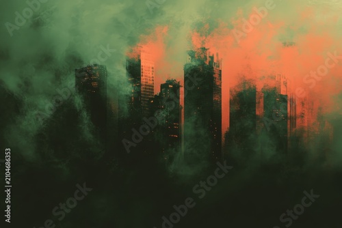 Cityscape shrouded in vibrant smog and orange light