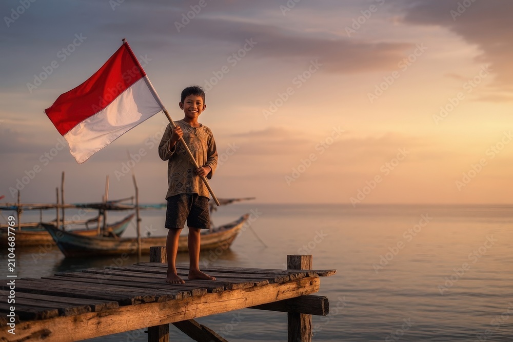 Naklejka premium Warm Smile of an Indonesian Child Carrying the Flag Against Traditional Fishing Boats