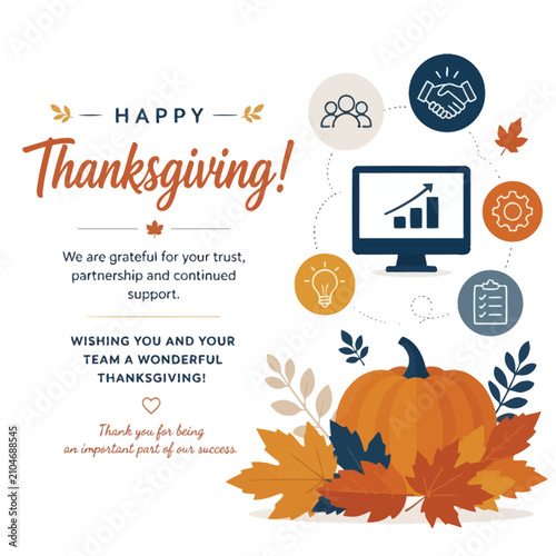 Happy Thanksgiving greeting with autumn leaves, pumpkin, and business icons symbolizing gratitude and partnership