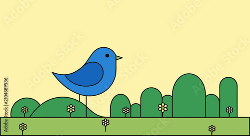 Bild auf Leinwand Simple blue bird in green hilly spring landscape.