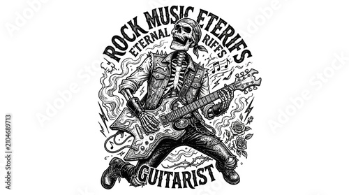 Hard Rock Skeleton Musician Playing Electric Guitar Illustration