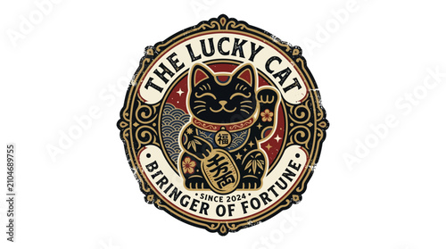 Lucky Beckoning Cat Emblem With Vintage Decorative Frame