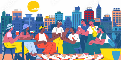 Diverse group of friends enjoying drinks and conversation on rooftop terrace with city skyline in background, vibrant modern buildings visible, social gathering International Friendship Day concept