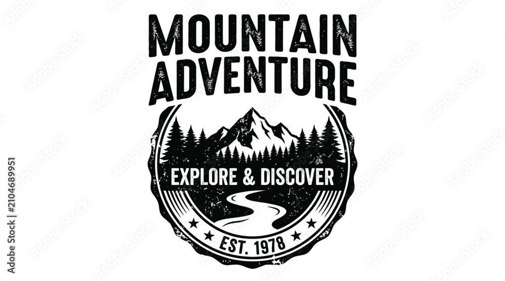 Obraz premium Mountain Adventure Vintage Badge Design with Forest and River