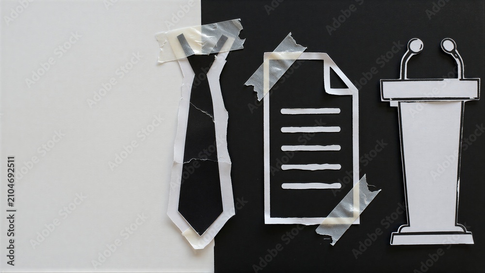 Obraz premium Tie, document, and podium cutouts taped to split black-white background.