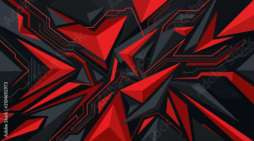 Geometric abstraction features sharp red and dark grey triangles arranged in a complex technological circuit pattern.