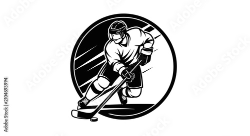 Photography Black and White Ice Hockey Player Circular Emblem Vector Illustration