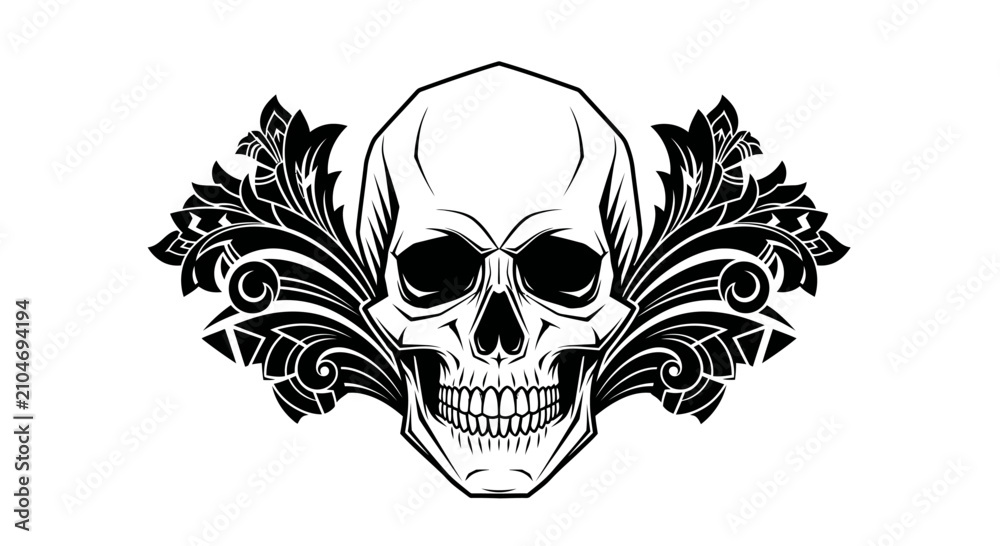 Fototapeta premium Black and White Skull with Ornamental Floral Flourish